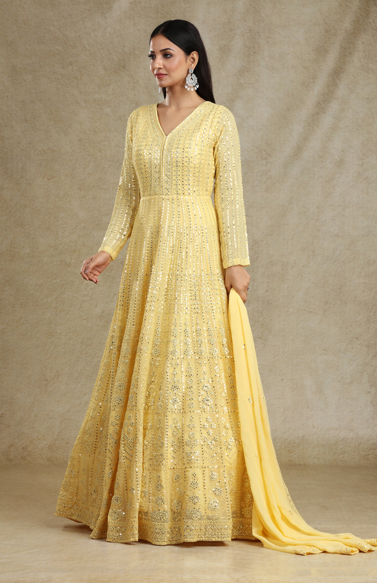 SOFT YELLOW SEQUINS ANARKALI GOWN SET 7608 Shehnai Bridal Boutique