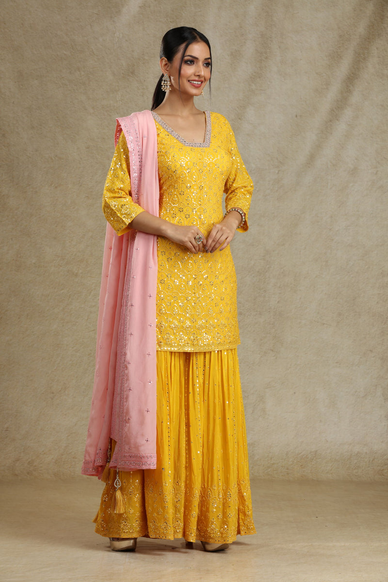 YELLOW & BLUSH PINK SHARARA SUIT SET 7603 Shehnai Bridal Boutique
