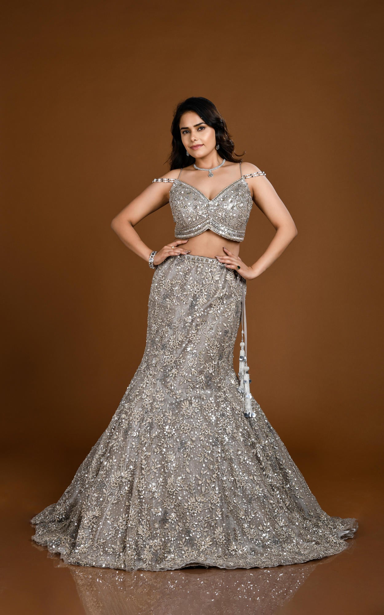 GREY HAND EMBROIDERED MERMAID LEHENGA SET #7833 GREY HAND EMBROIDERED MERMAID LEHENGA SET #7833