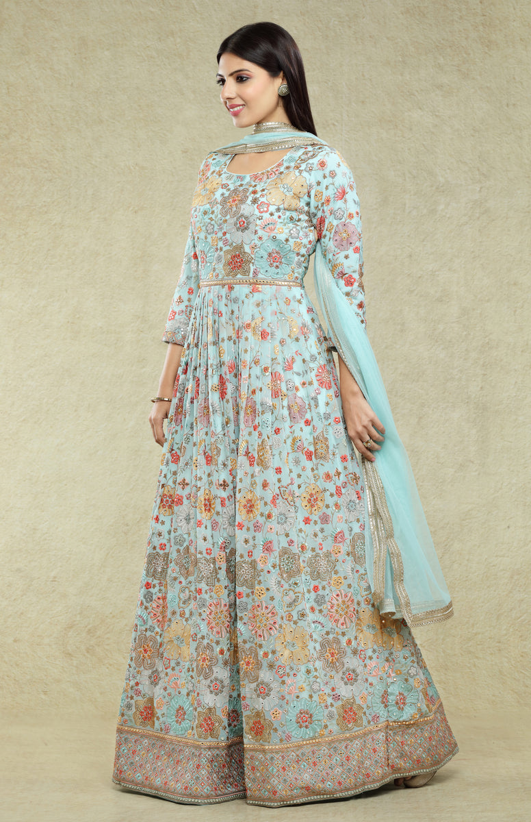 Powder Blue Multi Color Anarkali Gown Set 6969 Shehnai Bridal Boutique