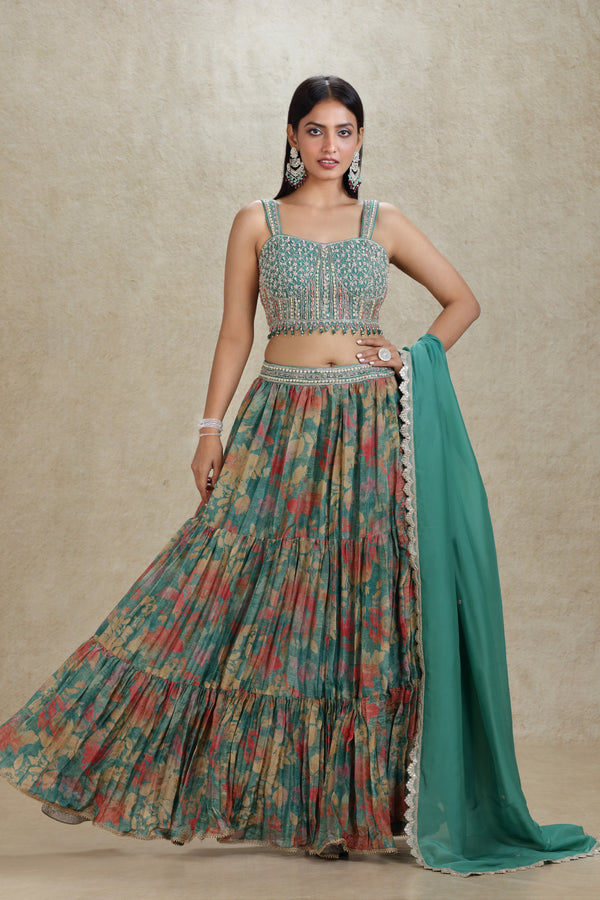 DUSTY TEAL PRINTED & EMBROIDERED LEHENGA SET #8267