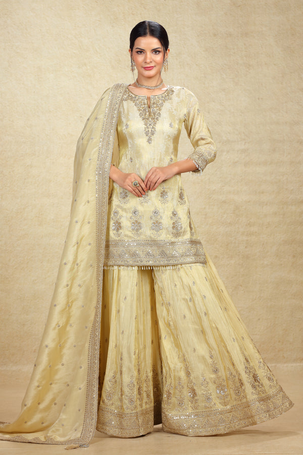 BEIGE GOLD PRINTED TISSUE SILK EMBROIDERED GHARARA SUIT SET #8068