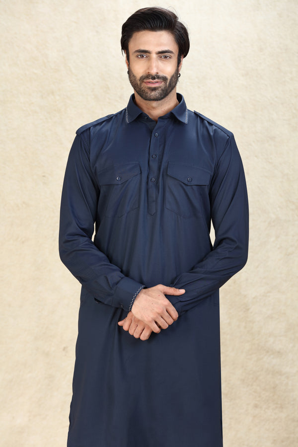 NAVY BLUE PATHANI KURTA SET #8101