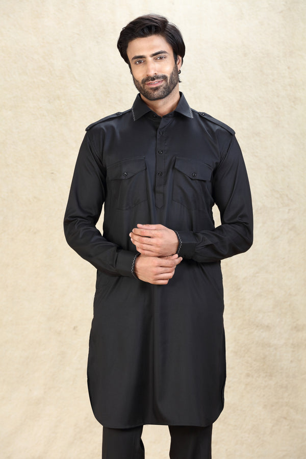 BLACK PATHANI KURTA SET #8100