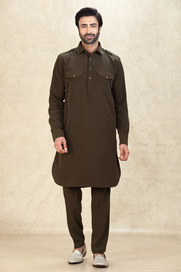 OLIVE GREEN PATHANI KURTA SET #8099