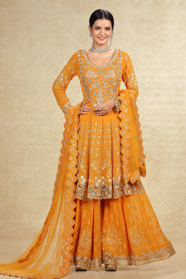 MUSTARD HAND EMBROIDERED ANARKALI GHARARA SUIT SET #8017