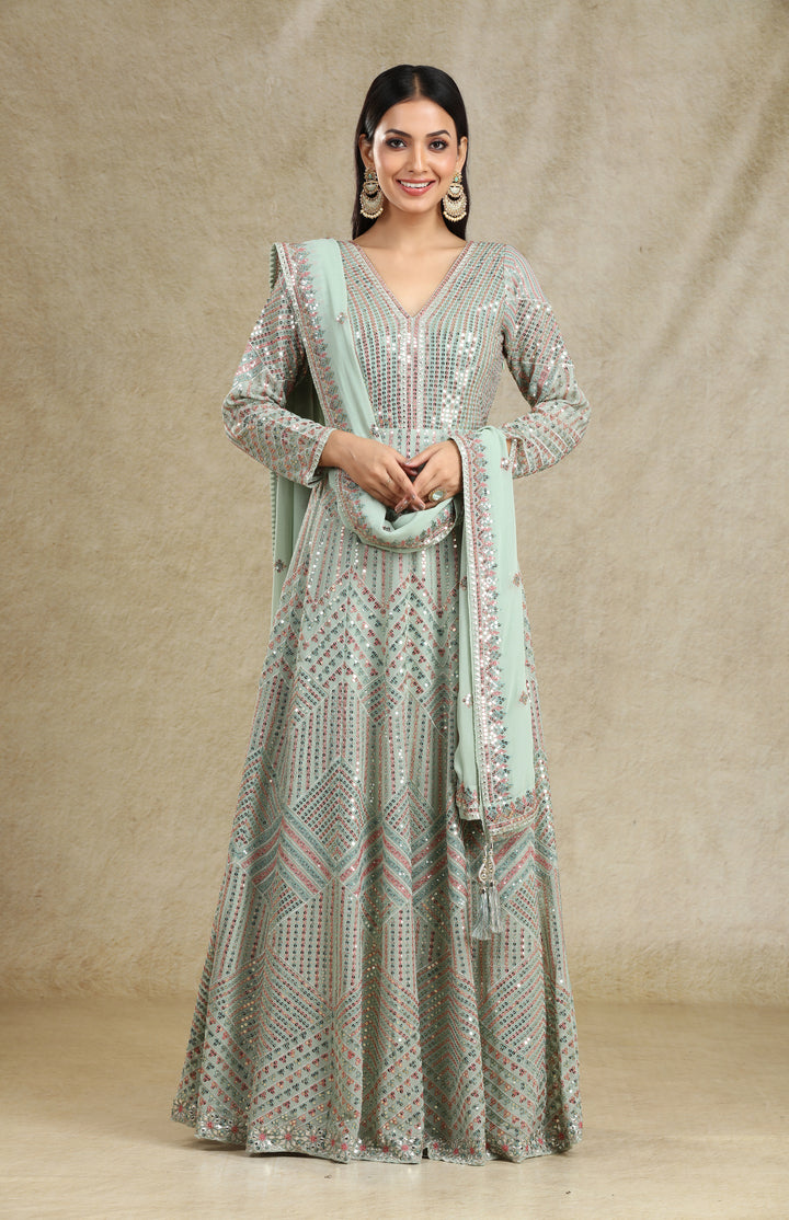 SAGE GREEN SEQUINS & THREADWORK ANARKALI GOWN SET #7684 36 SAGE GREEN SEQUINS & THREADWORK ANARKALI GOWN SET #7684 36