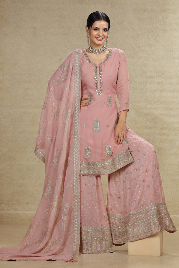 SOFT PINK ORGANZA SILK EMBROIDERED GHARARA SUIT SET #8050