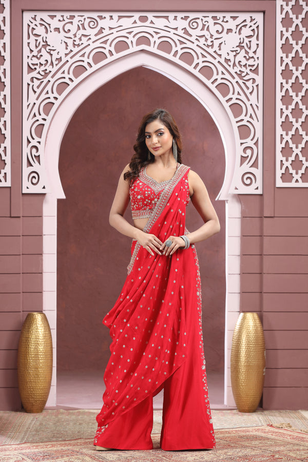 RED EMBROIDERED CROP TOP SUIT SET WITH DRAPED DUPATTA #8368