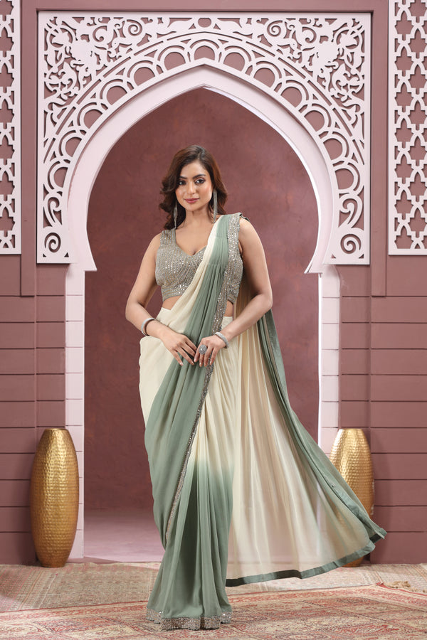 IVORY & SAGE GREEN OMBRÉ PRE DRAPED SAREE #8369