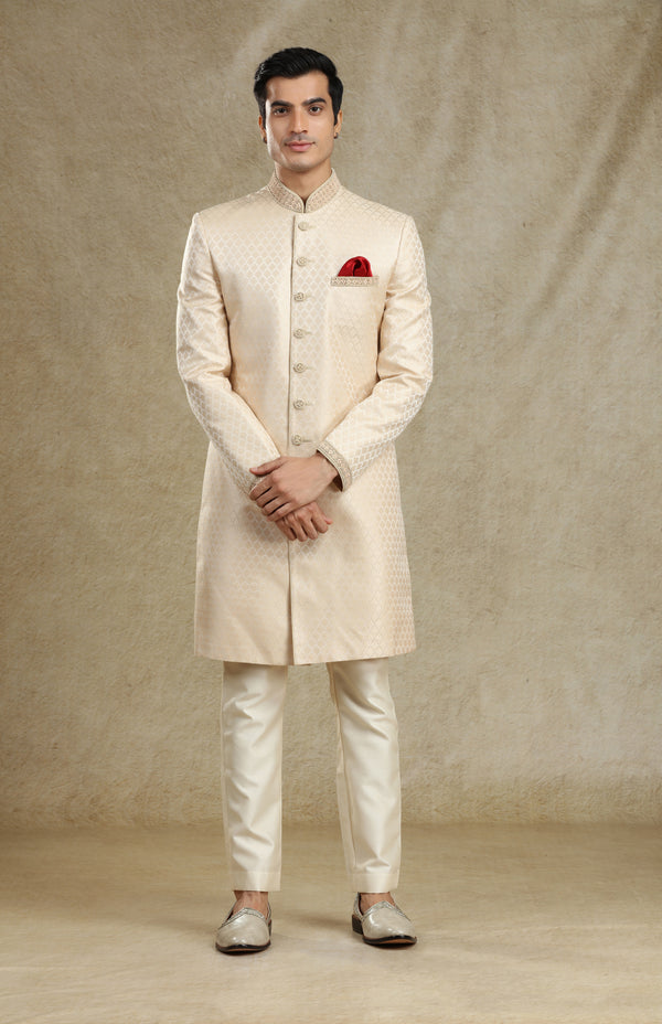 IVORY BROCADE SILK SHERWANI SET #7416