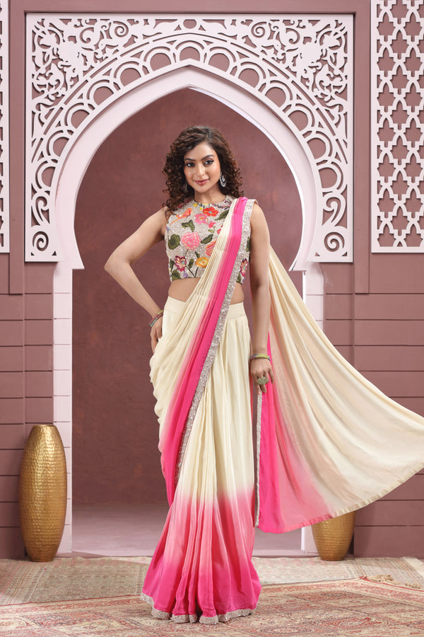 IVORY AND BRIGHT PINK OMBRÉ MULTICOLOR PRE DRAPED SAREE #8377