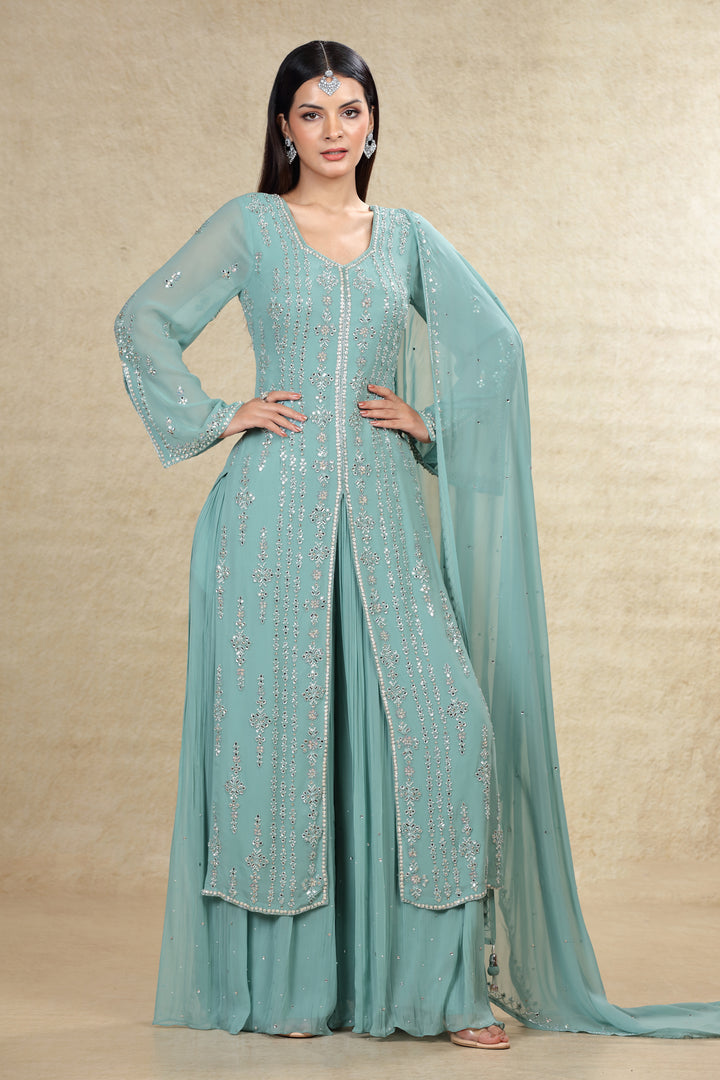 Dusty SEA Green HAND EMBROIDERED LONG TOP FRONT SLIT GHARARA SUIT SET #8001 Dusty SEA Green / 36 Dusty SEA Green HAND EMBROIDERED LONG TOP FRONT SLIT GHARARA SUIT SET #8001 Dusty SEA Green / 36