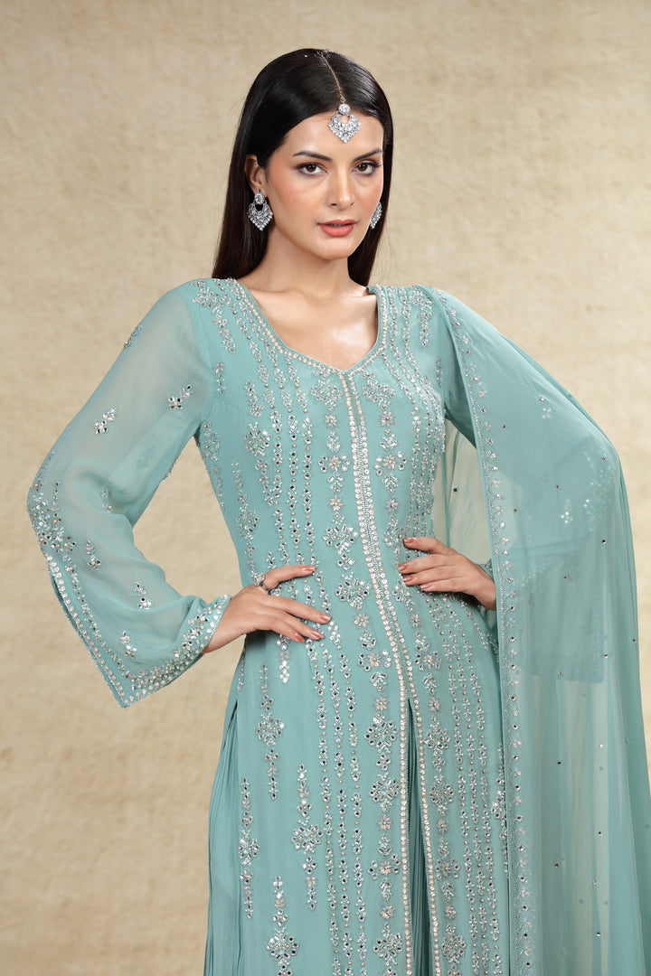 Dusty SEA Green HAND EMBROIDERED LONG TOP FRONT SLIT GHARARA SUIT SET #8001 Dusty SEA Green / 36 Dusty SEA Green HAND EMBROIDERED LONG TOP FRONT SLIT GHARARA SUIT SET #8001 Dusty SEA Green / 36