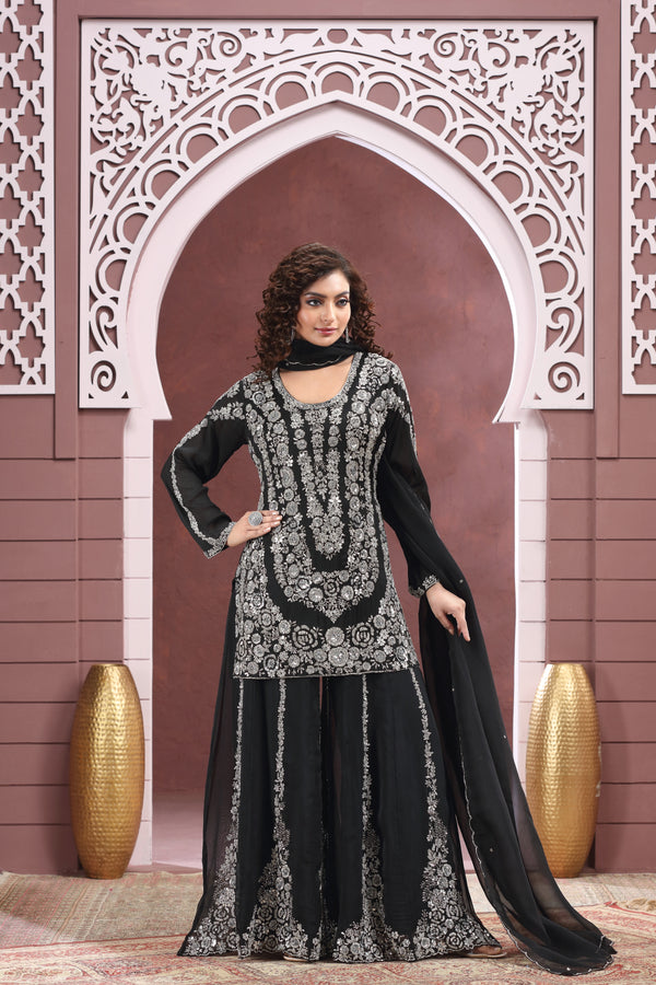BLACK EMBROIDERED GHARARA SUIT SET #8378