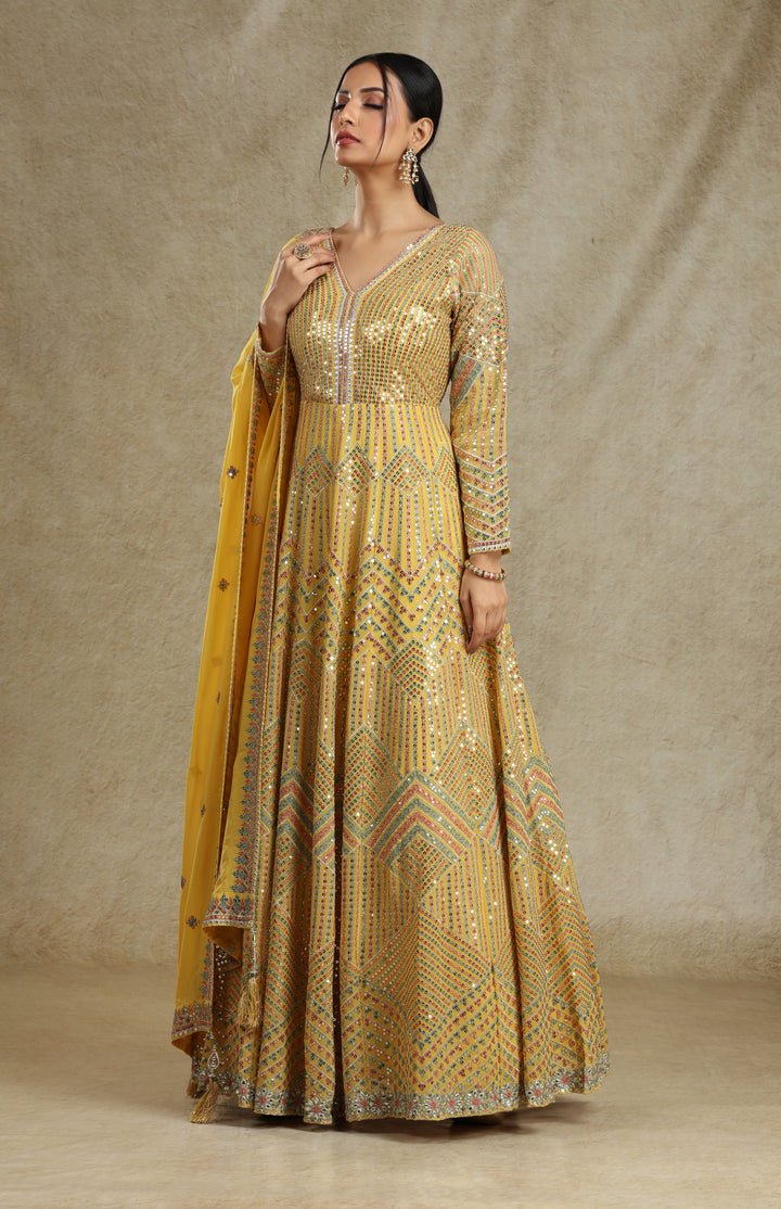 DARK YELLOW SEQUINS & THREADWORK ANARKALI GOWN SET #7683 44 DARK YELLOW SEQUINS & THREADWORK ANARKALI GOWN SET #7683 44