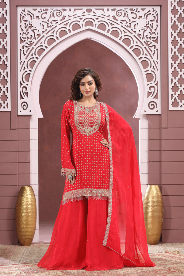 RED EMBROIDERED PALAZZO SUIT SET #8396/8396