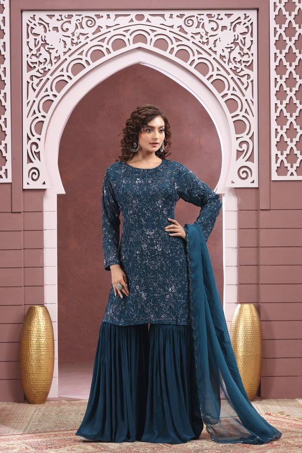 DARK TEAL BLUE SHARARA SUIT SET #8390/#8391