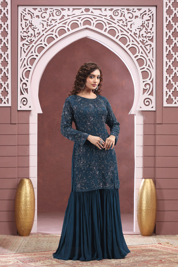 DARK TEAL BLUE SHARARA SUIT SET #8390/#8391 40