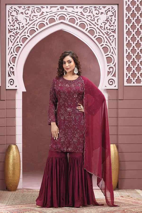 WINE EMBROIDERED SHARARA SUIT SET #8389/8435