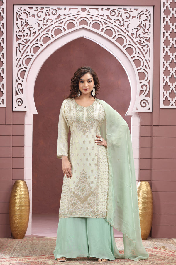 BEIGE GOLD & SEA GREEN EMBROIDERED PALAZZO SUIT SET #8381/8382