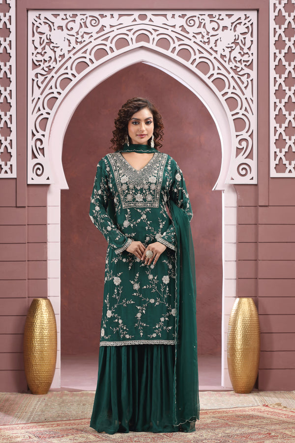 FOREST GREEN EMBROIDERED SHARARA SUIT SET #8392