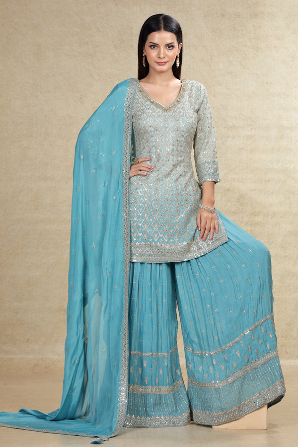 PASTEL BLUE SHADED ZARI & SEQUINS EMBROIDERED GHARARA SUIT SET #8058