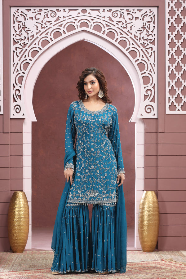 INDIGO BLUE EMBROIDERED SHARARA SUIT SET #8401/8402