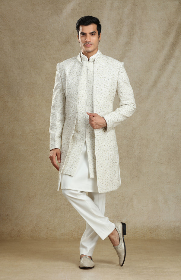 WHITE IVORY HAND EMBROIDERED THREE PIECE LAYERED SHERWANI SET #7709