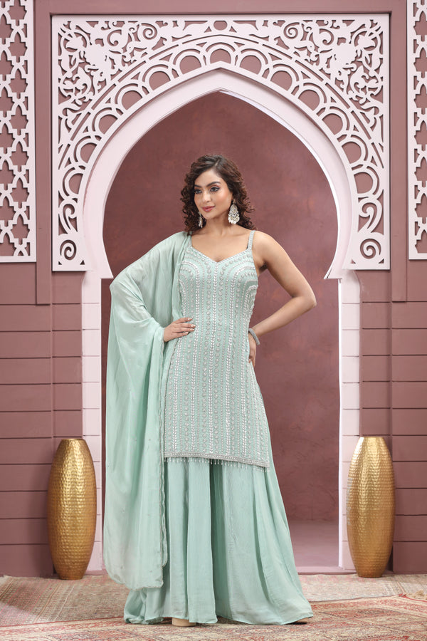 LIGHT TEAL EMBROIDERED PALAZZO SUIT SET #8405