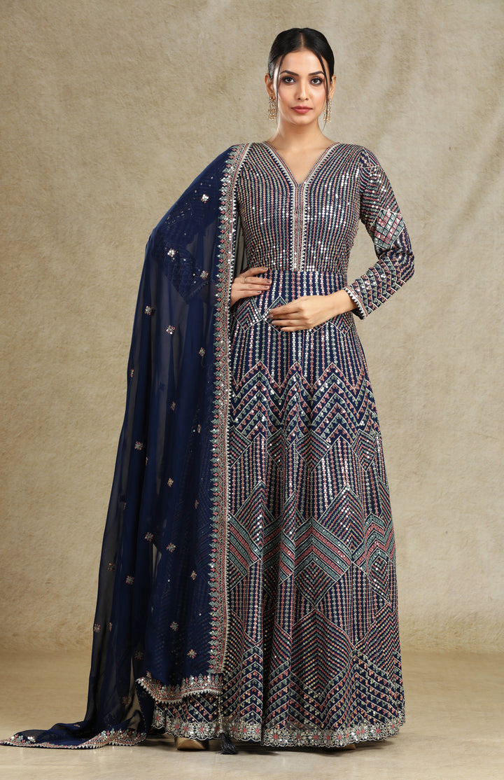 NAVY BLUE SEQUINS & THREADWORK ANARKALI GOWN SET #7685 38 NAVY BLUE SEQUINS & THREADWORK ANARKALI GOWN SET #7685 38