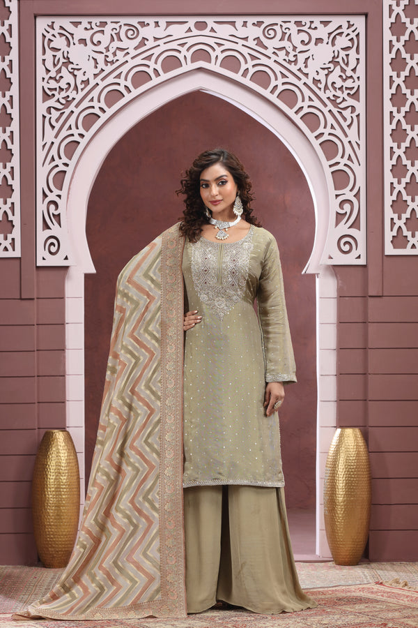 MEHENDI GREEN TISSUE SILK PALAZZO SUIT SET WITH BANARASI DUPATTA #8387/8388