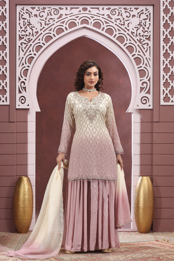 IVORY & DUSTY PINK OMBRÉ EMBROIDERED GHARARA SUIT SET #8379/8380