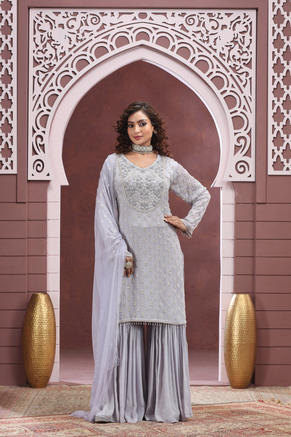 DUSTY LILAC EMBROIDERED SHARARA SUIT SET #8411/#8412