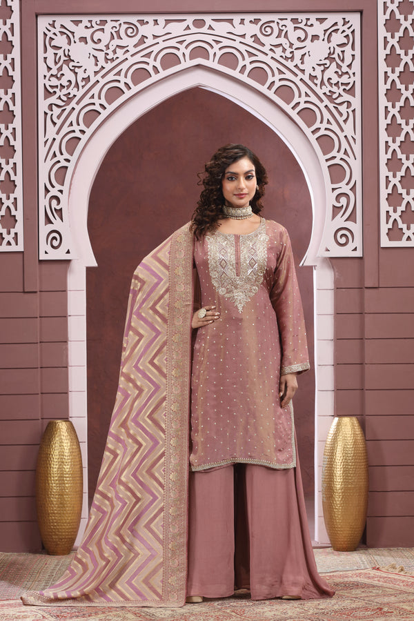 MAUVE TISSUE SILK PALAZZO SUIT SET WITH BANARASI DUPATTA #8385/8386