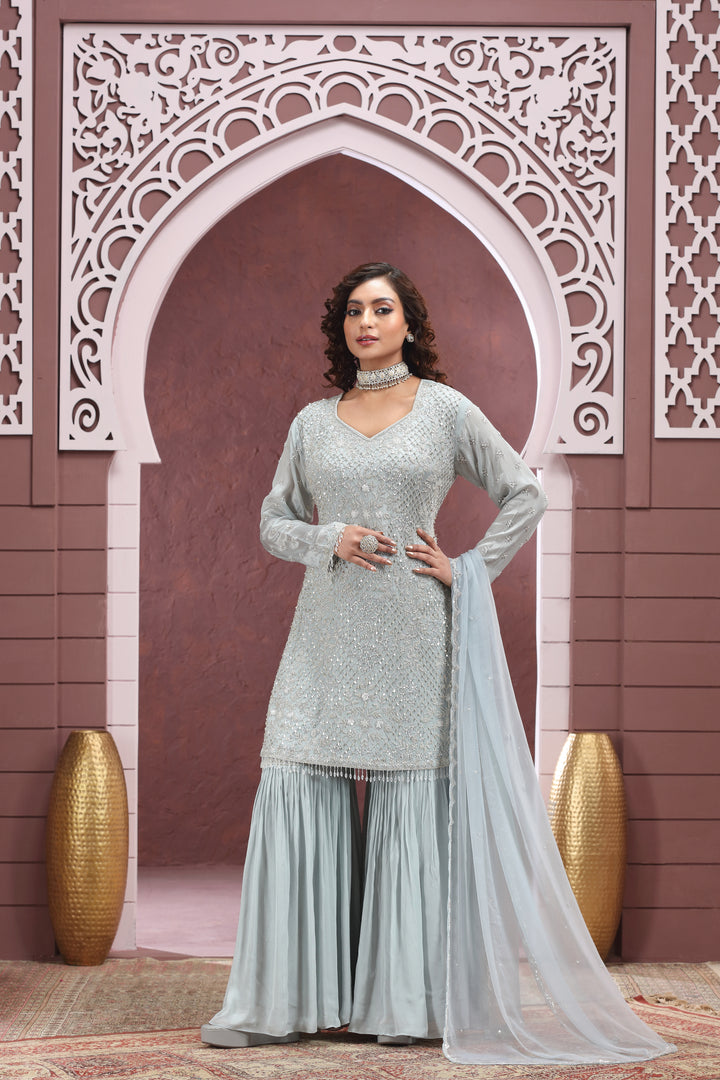grey sharara dress Shop Online Grey Sharara Suit with Stone Work work LSTV07645