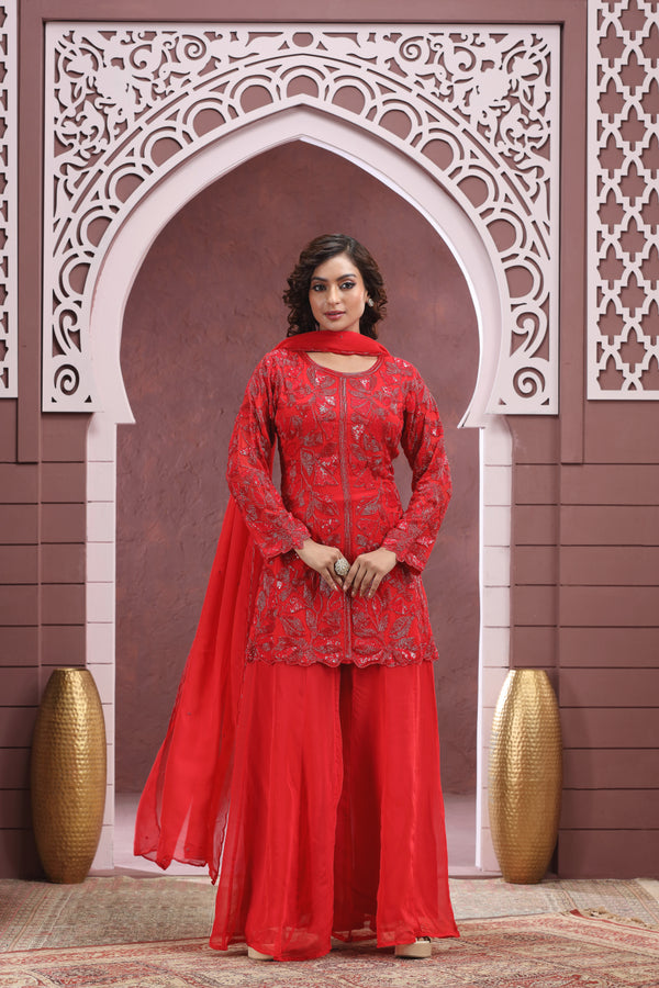 RED TONE ON TONE GHARARA SUIT SET #8398