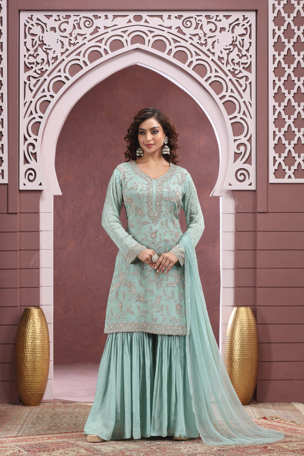 DUSTY TEAL EMBROIDERED SHARARA SUIT SET  #8403/8404