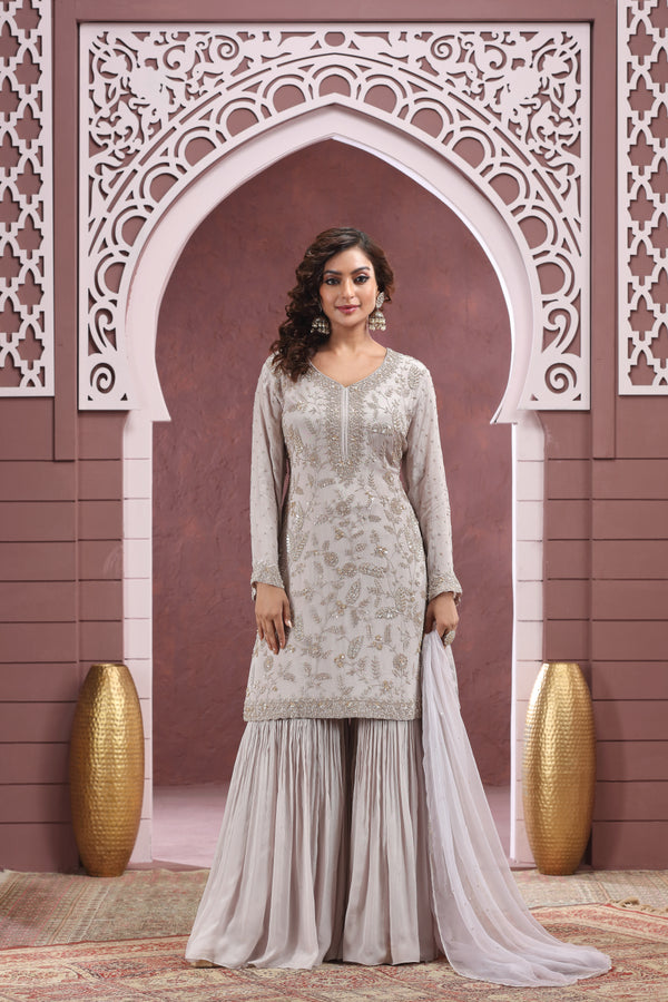 DUSTY LILAC EMBROIDERED SHARARA SUIT SET  #8408/8409