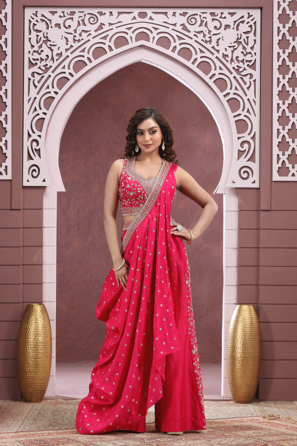 HOT PINK EMBROIDERED CROP TOP SUIT SET WITH DRAPED DUPATTA #8367