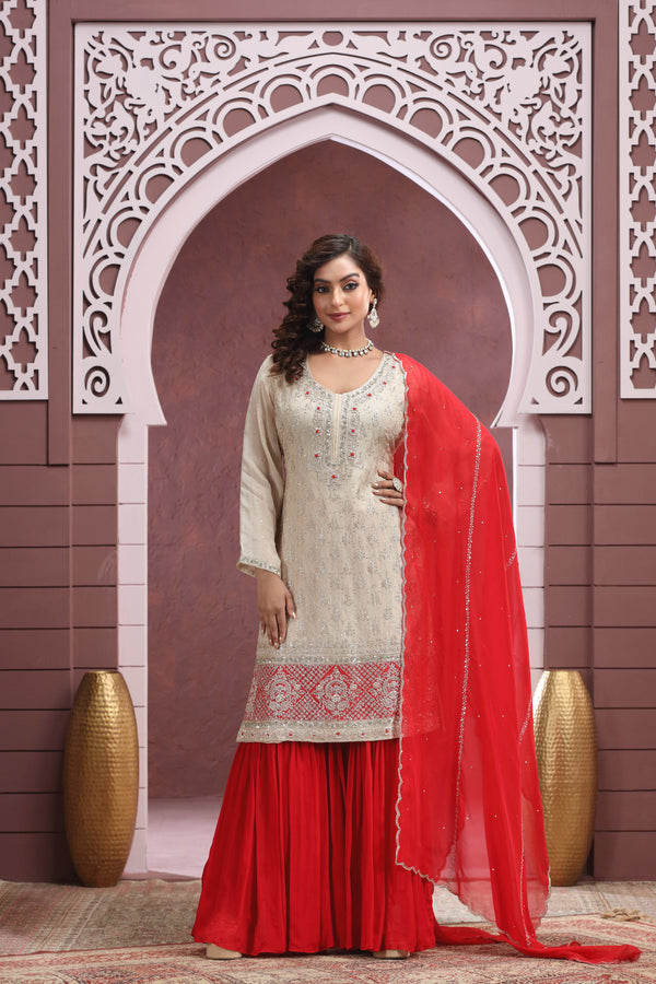 BEIGE & RED CONTRAST EMBROIDERED SHARARA SUIT SET #8399/#8400