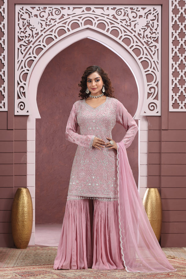 DUSTY PINK EMBROIDERED SHARARA SUIT SET #8383/8384