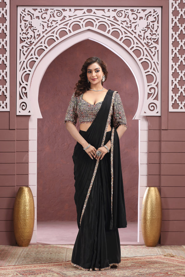 BLACK PRINTED MULTICOLOR PRE DRAPED SAREE #8374