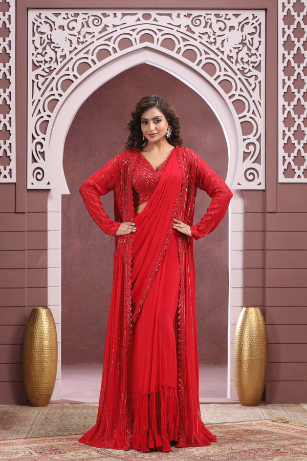 RED TONE ON TONE PRE DRAPED SAREE WITH JACKET #8376
