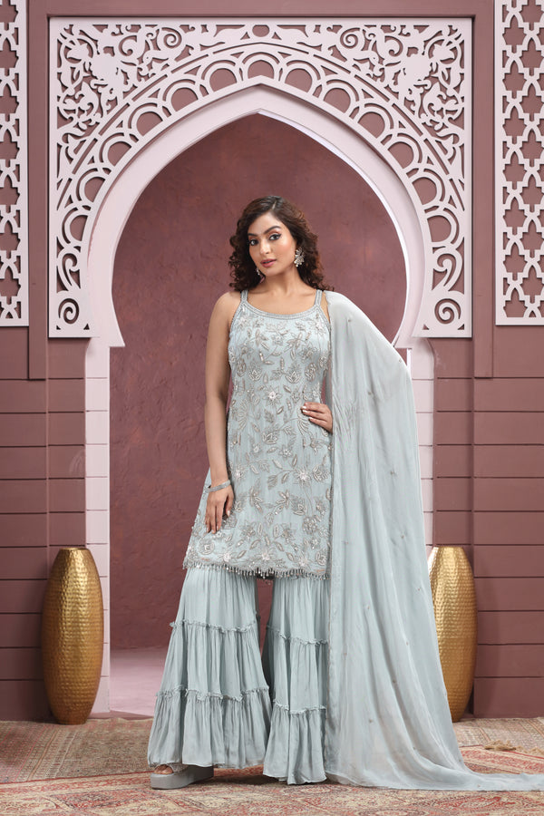 ASH GREY EMBROIDERED SHARARA SUIT SET #8410