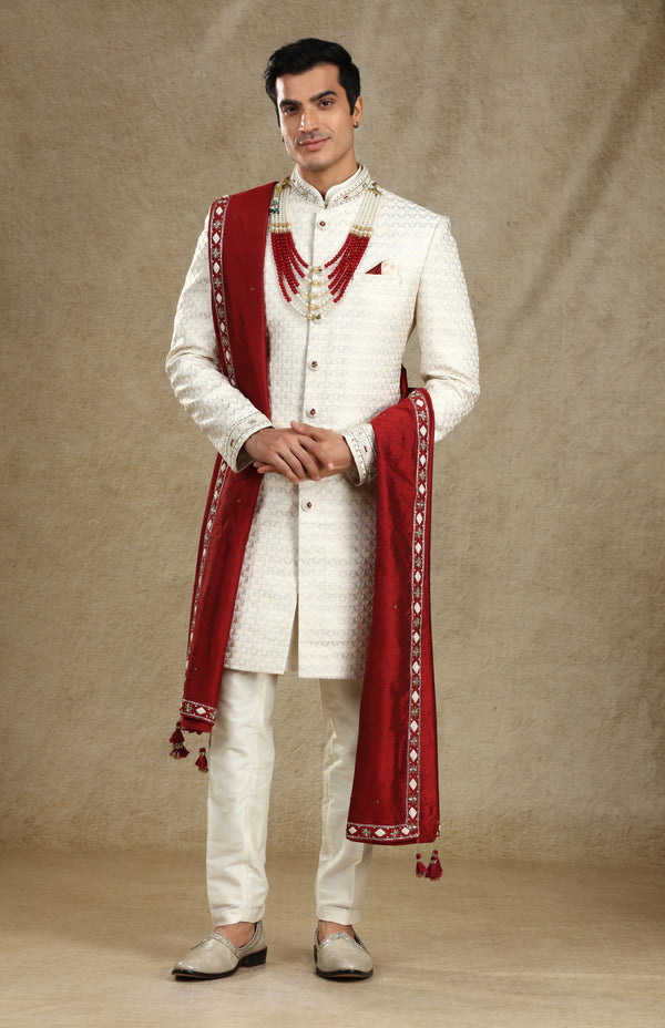 WHITE IVORY BROCADE SILK SHERWANI SET #7717