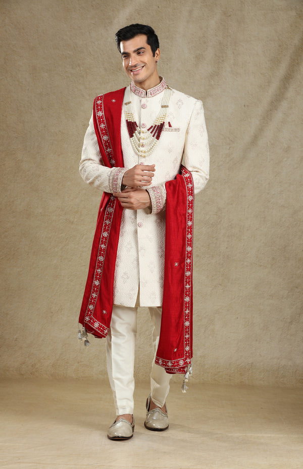 IVORY & RED WOVEN SILK SHERWANI SET #7715