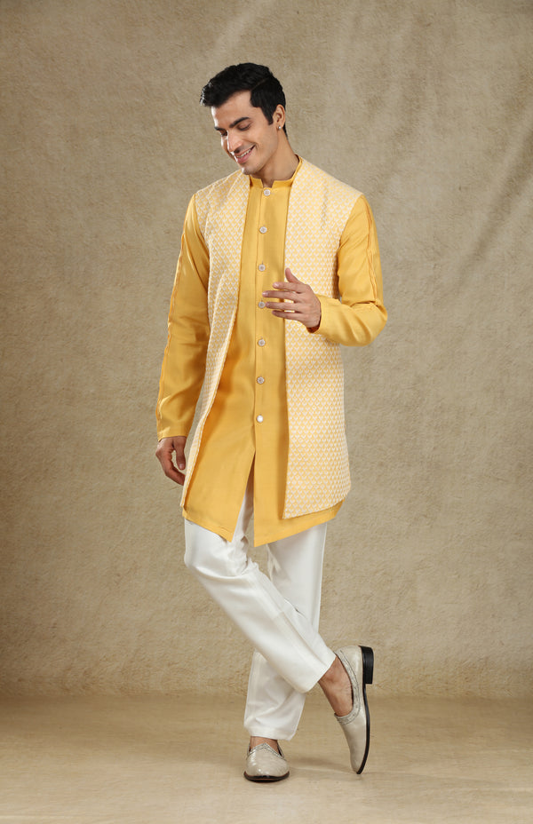 YELLOW LONG OPEN STYLE EMBROIDERED BANDI KURTA SET #7744