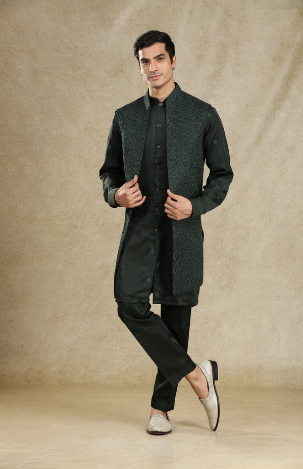 FOREST GREEN TONE ON TONE CUTDANA EMBROIDERED LONG OPEN STYLE BANDI KURTA SET #7747