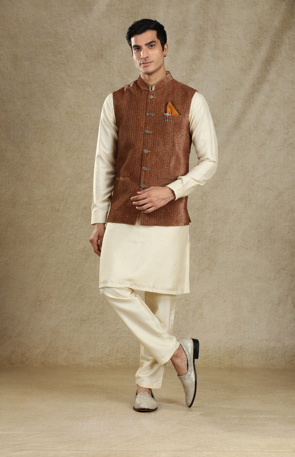 DARK MUSTARD & CREAM VELVET BANDI KURTA SET #7461